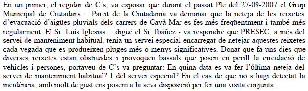 Prec de C's de Gavà sollicitant a l'Ajuntament que es netegin ms les reixetes d'evacuaci d'aiges pluvials a Gav Mar i oferint-se per realitzar uns visita conjunta de la zona (18 de Desembre de 2008)